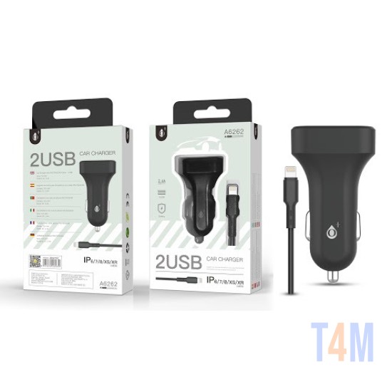 ONE PLUS A6262 CAR LIGHTER CHARGER WITH IP6 / 7/8 / XS / XR CABLE, 2USB, 2.4A BLACK ( 2002181 )